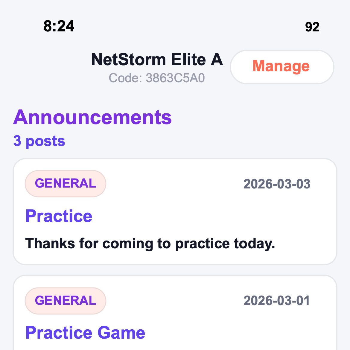 TeamNexo announcements screen showing team posts and a poll