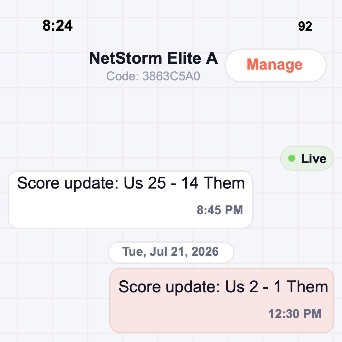 TeamNexo chat screen showing team messages and score updates