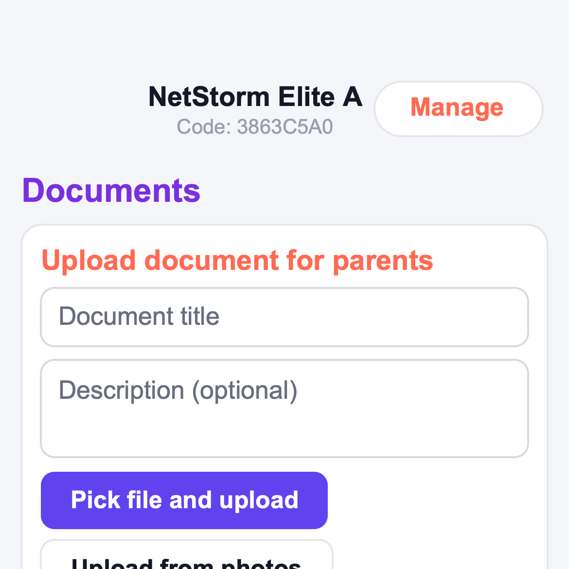 TeamNexo documents screen for uploads and signed files