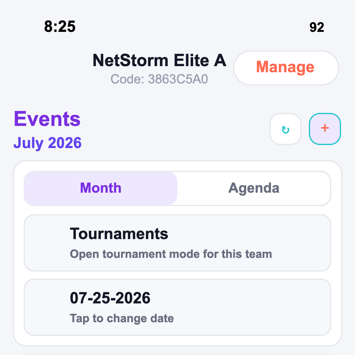 TeamNexo events calendar screen