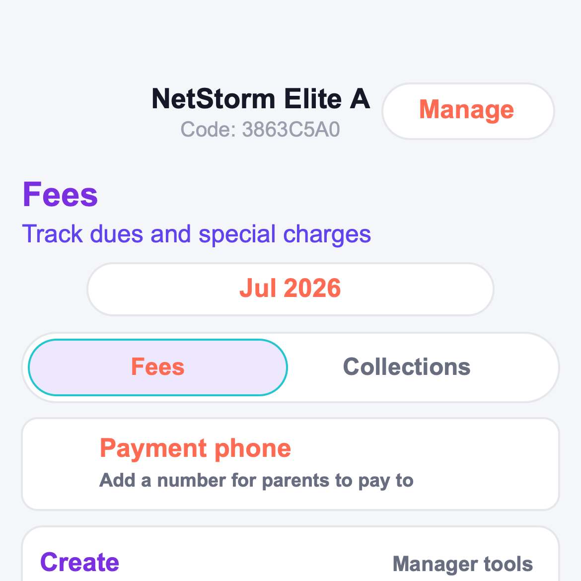 TeamNexo fees screen for dues and payment tracking