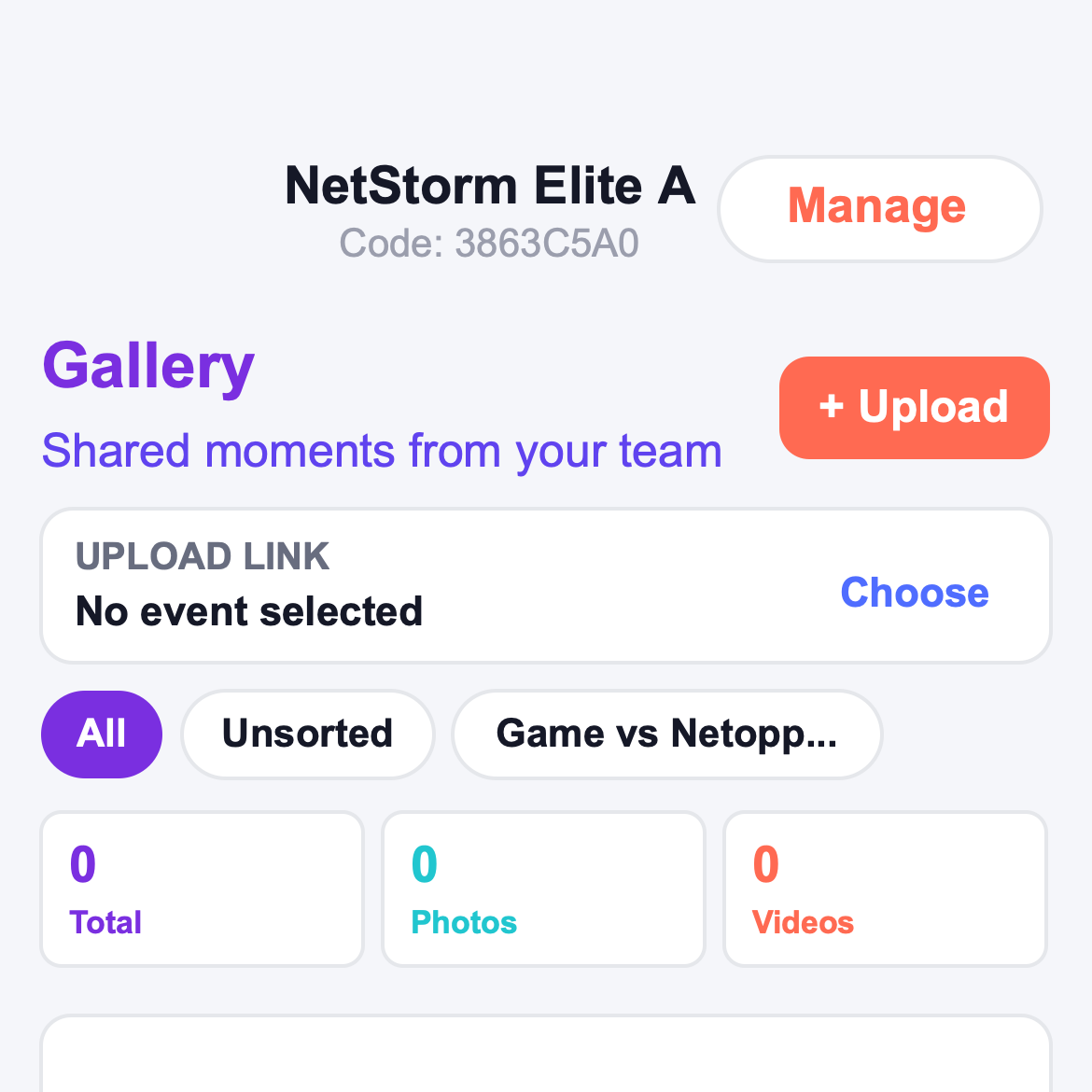 TeamNexo gallery screen for team photos and videos
