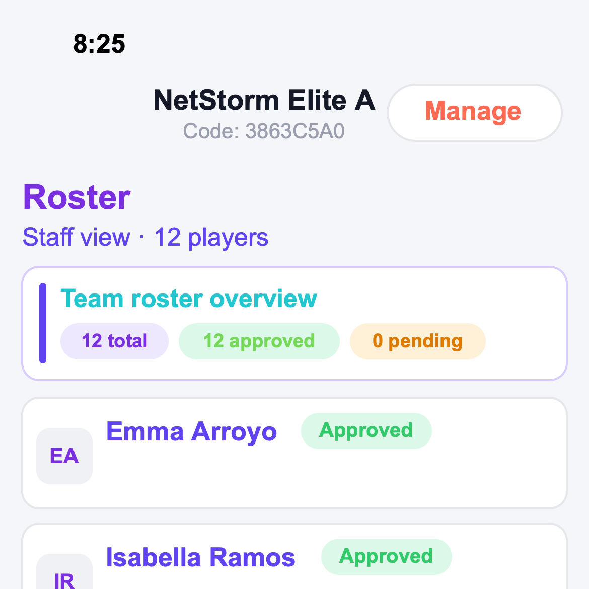 TeamNexo roster screen showing approved players