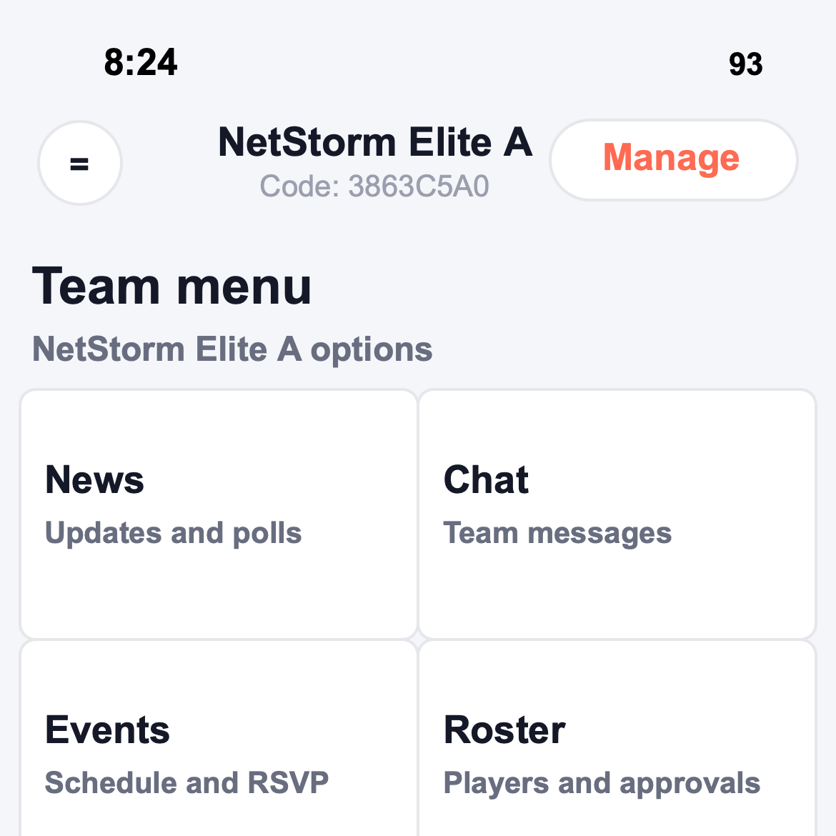 TeamNexo team menu screen showing team options for News, Chat, Events, Roster, Docs, Media, Fees, Score Tracker, and Manage Team