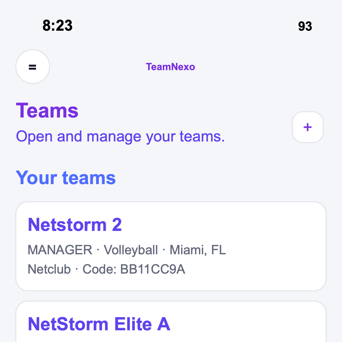 TeamNexo teams home screen showing the user's teams list